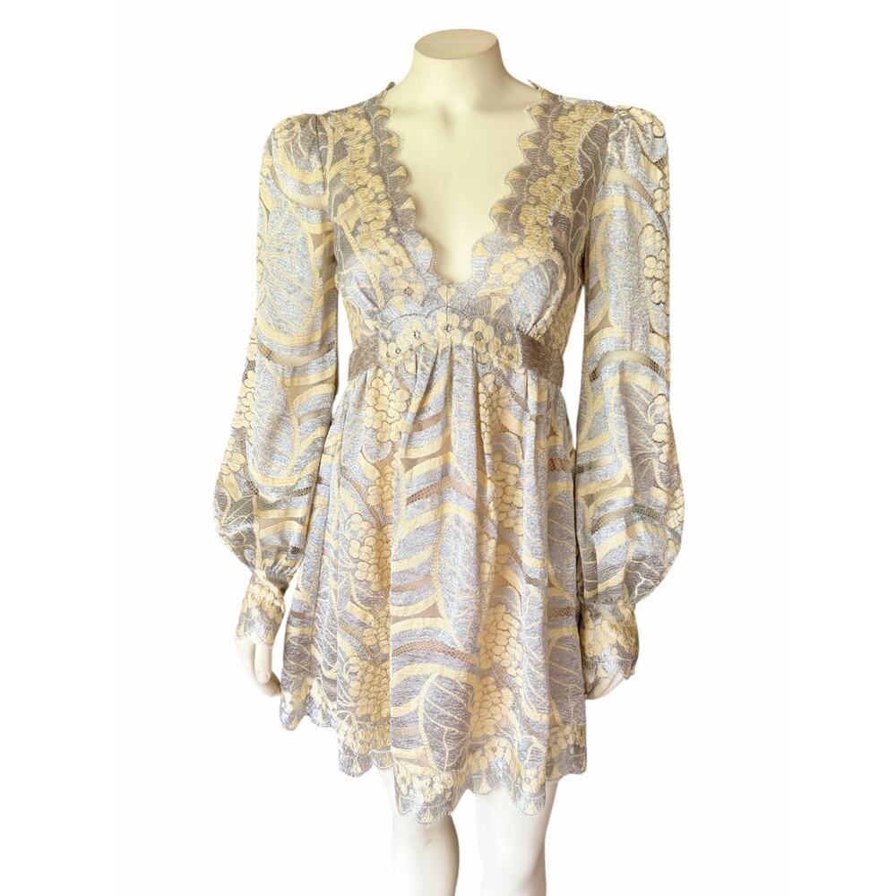 Marc Jacobs Babydoll Mini Dress Sz 4 Silver Yellow Beaded Lace Puff Sleeve Boho